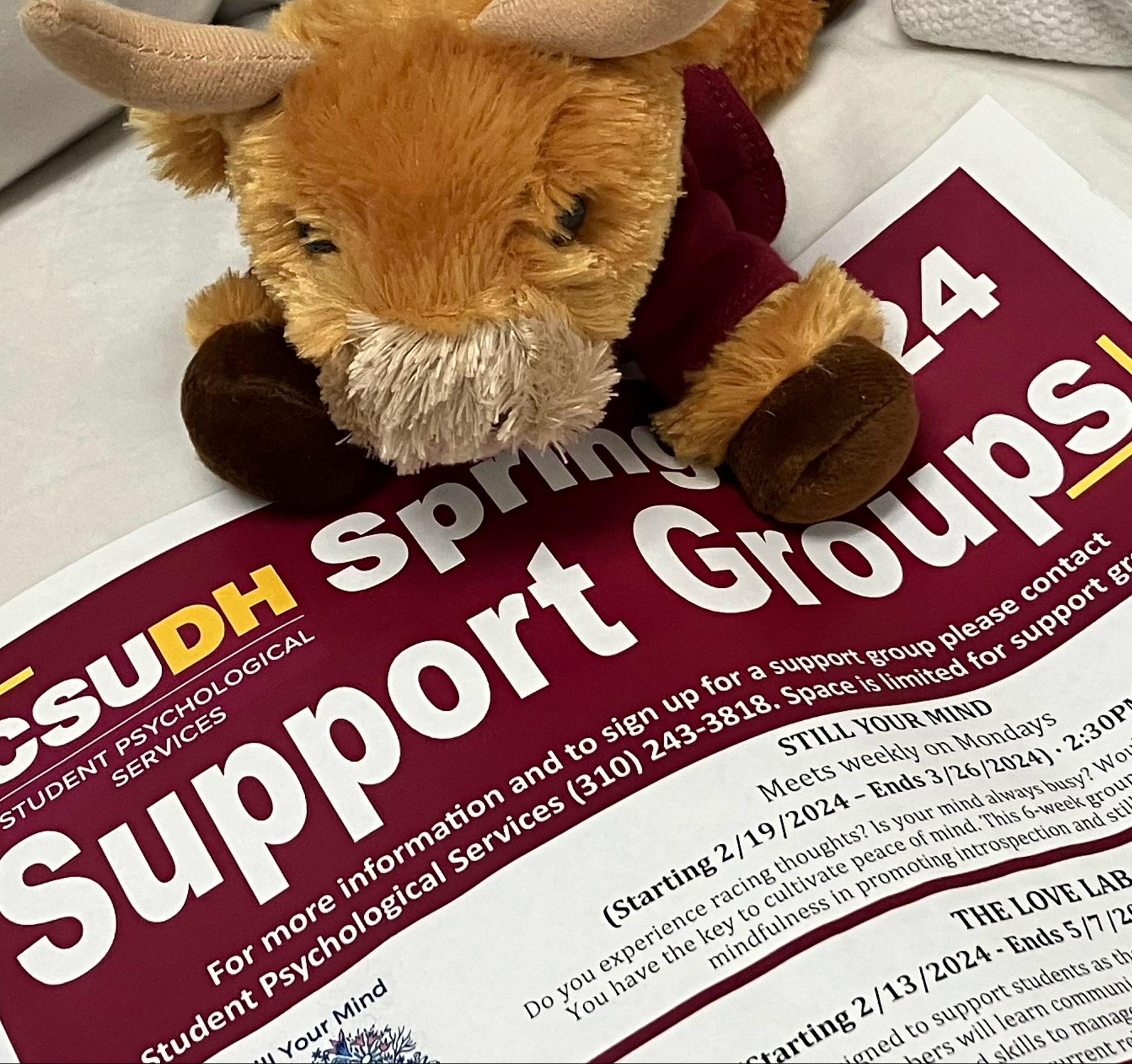 Photo of a bull plushie on a flyer for support groups.